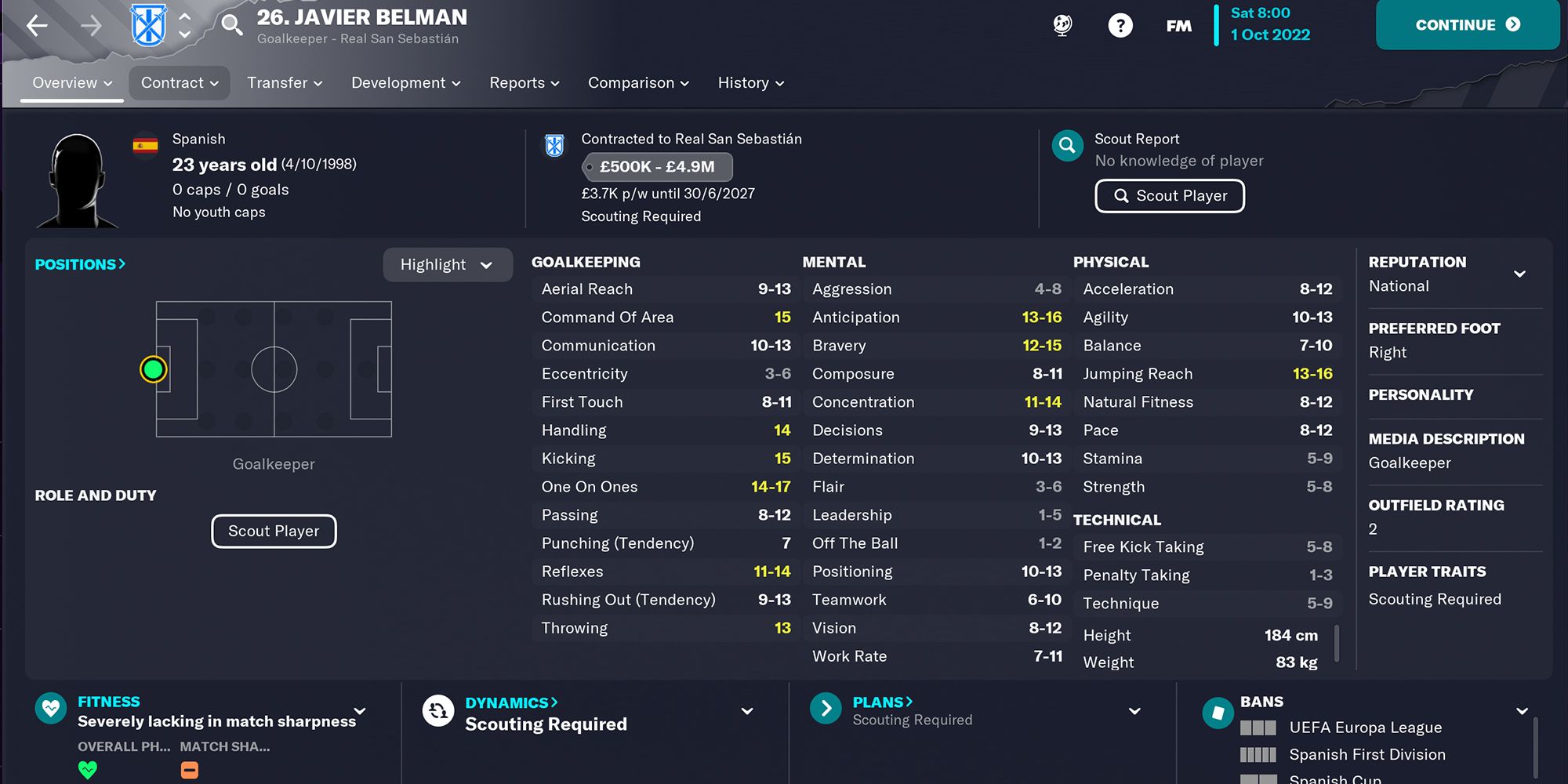 Football Manager 2023: Best Budget Goalkeepers 10 Screenshot of Javier Belman In Football Manager 23